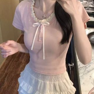 Áo thun ngắn tay cổ nơ bánh bèo form croptop xinh hồng pastel VANISA CT147