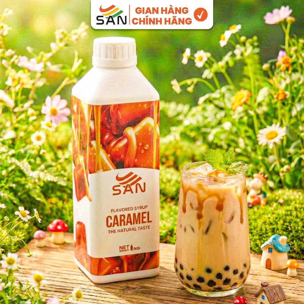 Syrup/siro Caramel SAN, đậm đà, có chai chiết 100ml, tặng công thức, latte, trà sữa, làm bánh