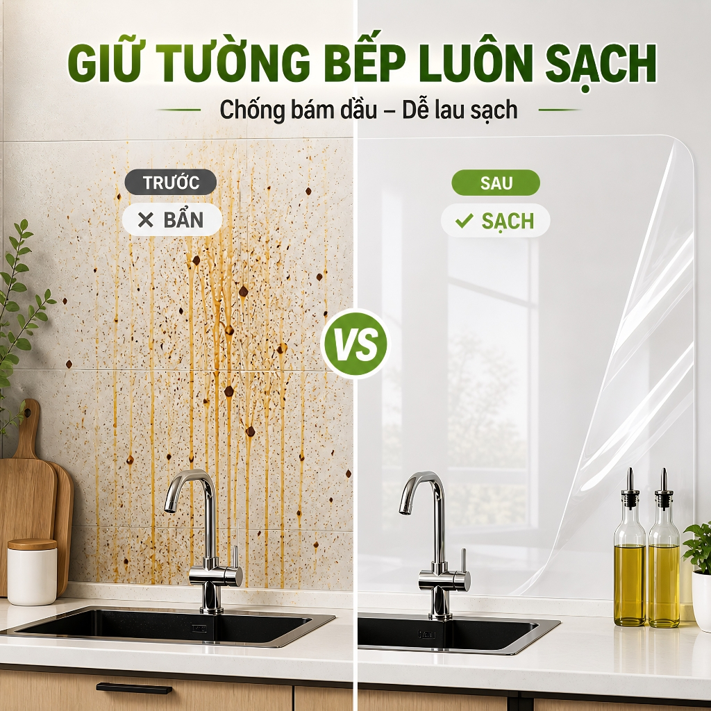 Decal dán bếp từ tính trong suốt Vòm Decor chống dầu mỡ bám bẩn chịu nhiệt không keo bảo vệ tường bếp dễ lau mã DCB