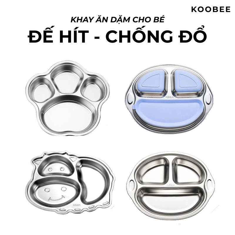 Khay Cơm Inox 304 Chia Ngăn Cho Bé KOOBEE Hình Thú Cao Cấp - Khay Ăn Dặm Đế Hít Chân Không  Silicon Chống Đổ | 114