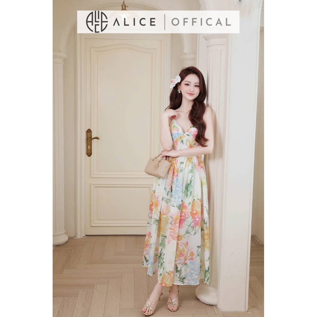 Váy Hoa Mùa Hè Alice Phong Cách Tiểu Thư, Đầm Maxi Xòe 2 Dây Cúp Ngưc Mát Mẻ Phù Hợp Đi Biển T495