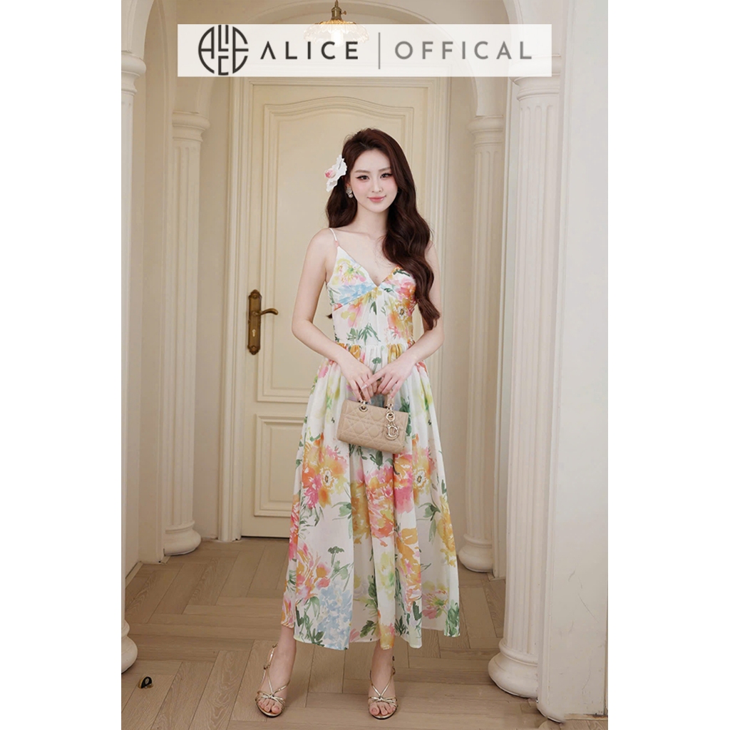Váy Hoa Mùa Hè Alice Phong Cách Tiểu Thư, Đầm Maxi Xòe 2 Dây Cúp Ngưc Mát Mẻ Phù Hợp Đi Biển T495