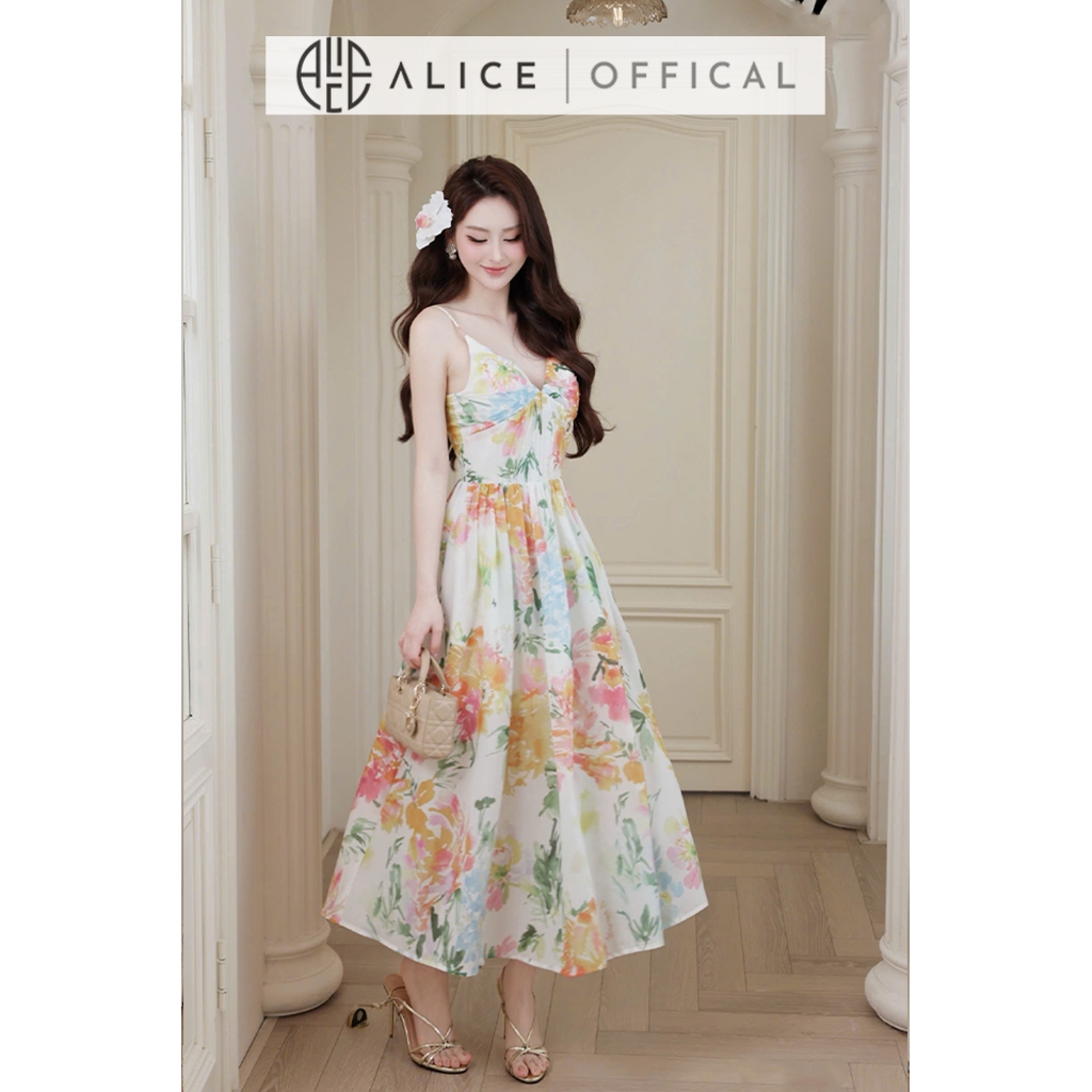 Váy Hoa Mùa Hè Alice Phong Cách Tiểu Thư, Đầm Maxi Xòe 2 Dây Cúp Ngưc Mát Mẻ Phù Hợp Đi Biển T495
