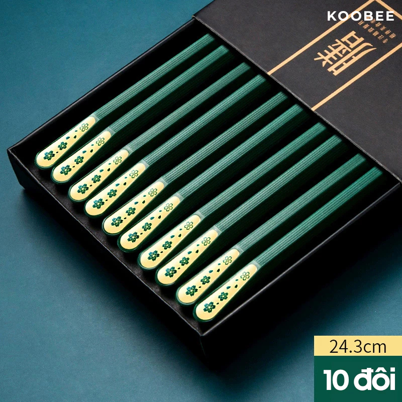 Bộ 10 Đôi Đũa Hợp Kim Màu Trắng Kháng Khuẩn Không Mốc Chống Trơn Chịu Nhiệt Họa Tiết Cỏ 4 Lá Cao Cấp | 068