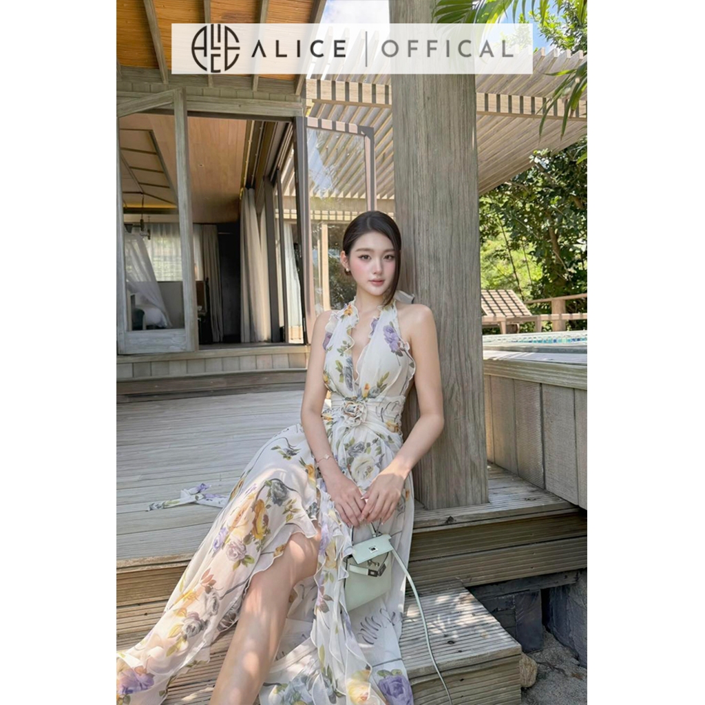 Váy Yếm Hoa Nhí Dáng Dài Cao Cấp Alice, Đầm Maxi Cổ Yếm Phối Bèo Đính Hoa Sang Chảnh Phong Cách Tiểu Thư T498