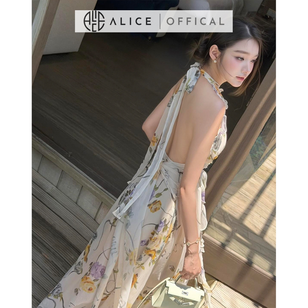 Váy Yếm Hoa Nhí Dáng Dài Cao Cấp Alice, Đầm Maxi Cổ Yếm Phối Bèo Đính Hoa Sang Chảnh Phong Cách Tiểu Thư T498