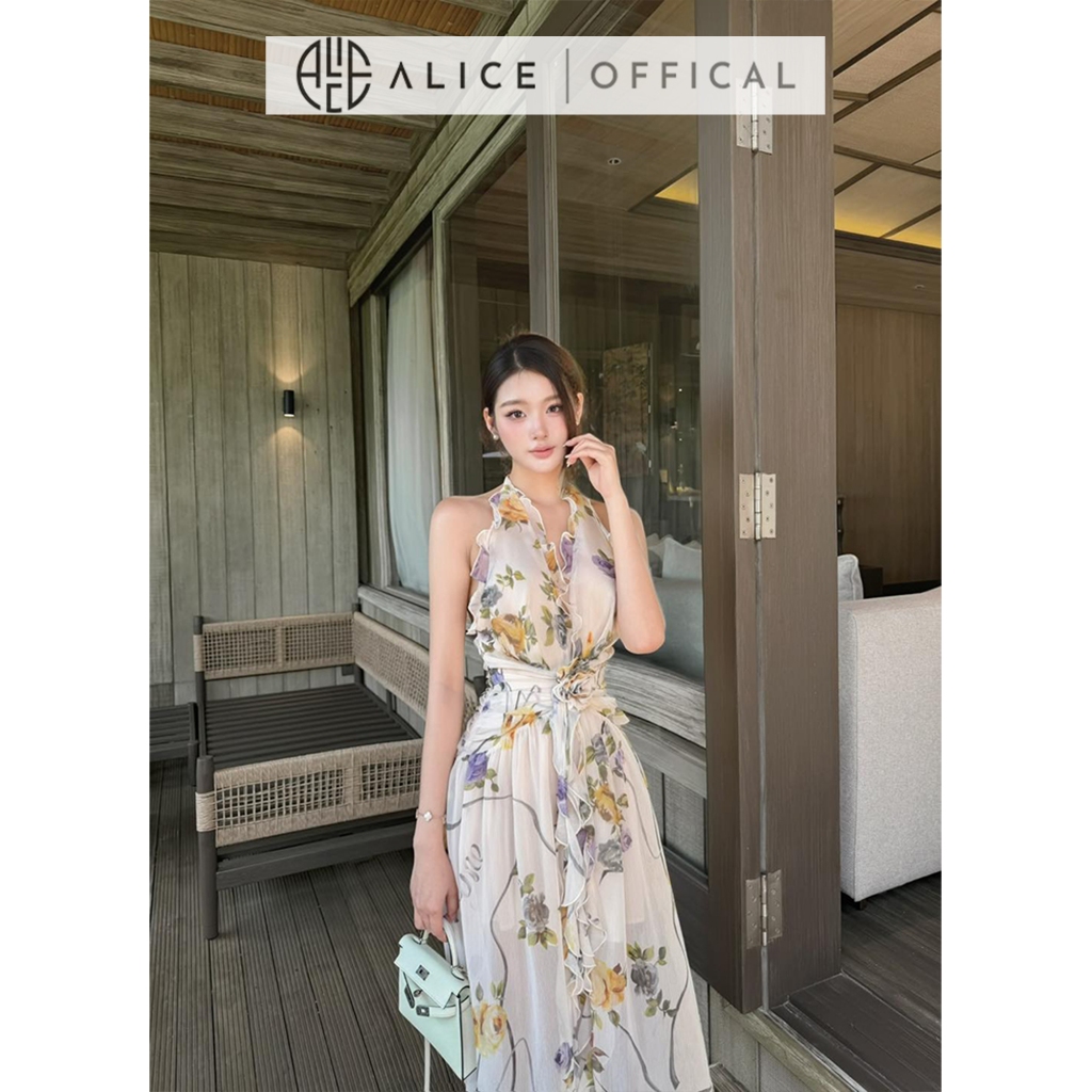 Váy Yếm Hoa Nhí Dáng Dài Cao Cấp Alice, Đầm Maxi Cổ Yếm Phối Bèo Đính Hoa Sang Chảnh Phong Cách Tiểu Thư T498