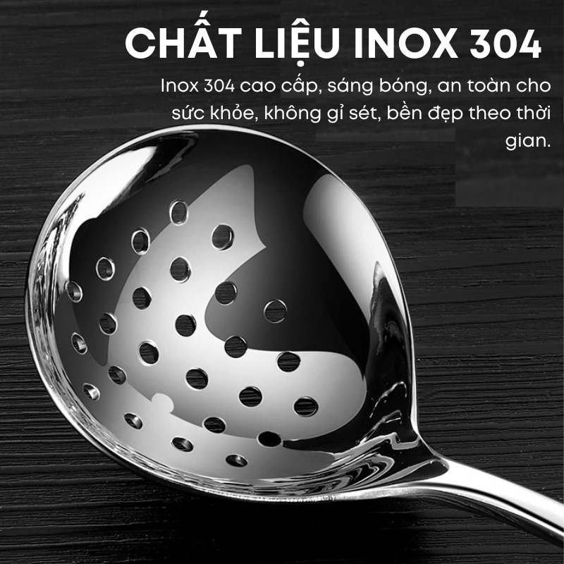 Bộ Đôi Muôi Canh + Muôi Lỗ Inox 304 Cao Cấp Sáng Bóng - Cán Trơn Lòng Sâu Hình Trái Tim | 319