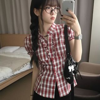 Áo babydoll sơ mi nữ có chiết eo xinh tay ngắn đen đỏ caro vintage VANISA CT468