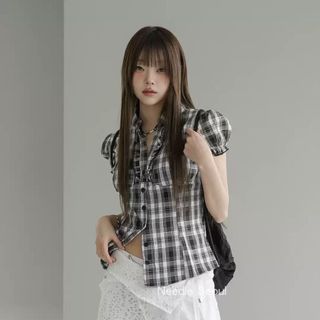 Áo babydoll sơ mi nữ có chiết eo xinh tay ngắn đen đỏ caro vintage VANISA CT468