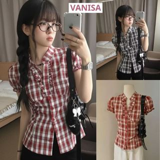 Áo babydoll sơ mi nữ có chiết eo xinh tay ngắn đen đỏ caro vintage VANISA CT468