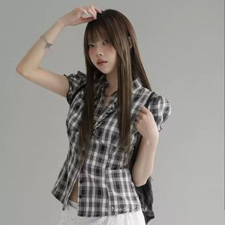 Áo babydoll sơ mi nữ có chiết eo xinh tay ngắn đen đỏ caro vintage VANISA CT468