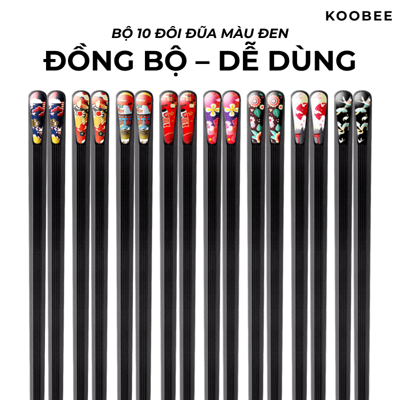 Bộ 10 Đôi Đũa Fiberglass Màu Đen Phong Cách Nhật – Kháng Khuẩn, Chịu Nhiệt Cao, Chống Mốc Trơn (BA27)