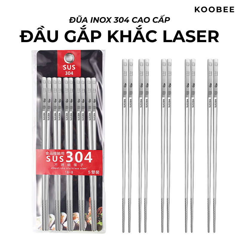 Bộ 05 Đôi Đũa Inox 304 Cao Cấp Khắc Hoa Cúc Hàn Quốc – Đũa Ăn Cơm Kháng Khuẩn, Chống Trơn, An Toàn Cho Máy Rửa Bát | 362