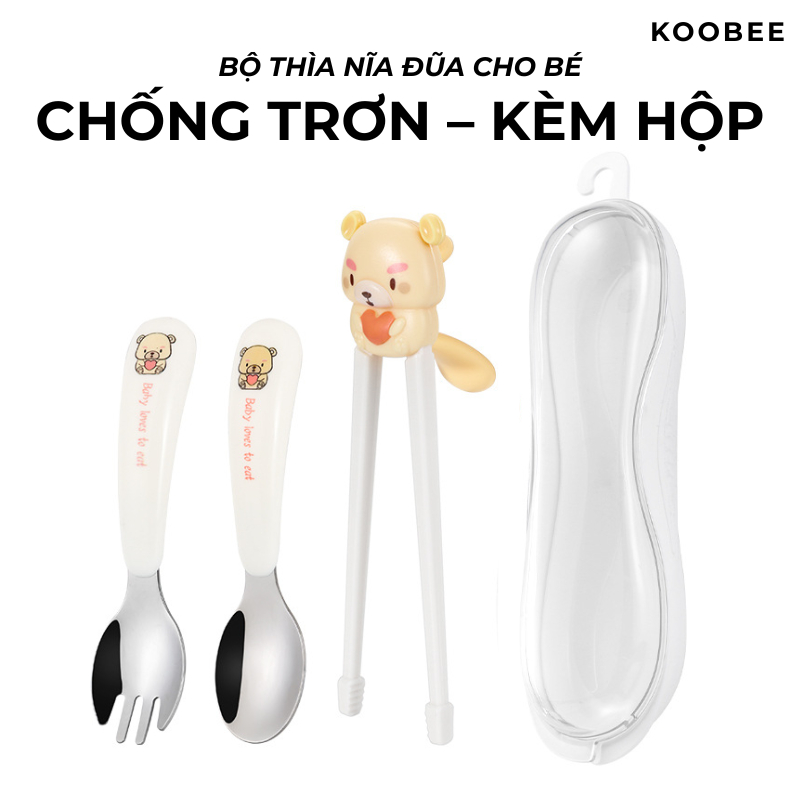 Bộ Thìa Nĩa Đũa Tập Ăn Cho Bé 2–6 Tuổi KOOBEE – Inox 304, Chống Trơn Trượt, Kèm Hộp Đựng Tiện Lợi | 115