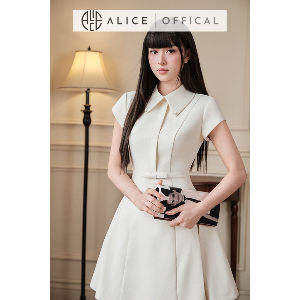 Váy Tiểu Thư Thanh Lịch Alice Chất Đũi Linen Vân Xương Cá Cao Cấp, Đầm Ngắn Chữ A Cổ Sơ Mai, Đai Eo T500