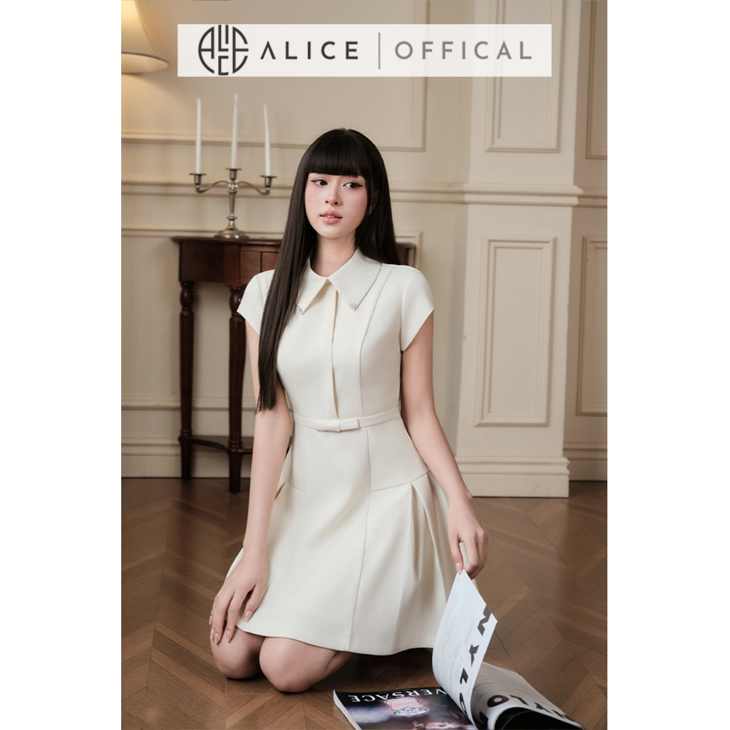 Váy Tiểu Thư Thanh Lịch Alice Chất Đũi Linen Vân Xương Cá Cao Cấp, Đầm Ngắn Chữ A Cổ Sơ Mai, Đai Eo T500