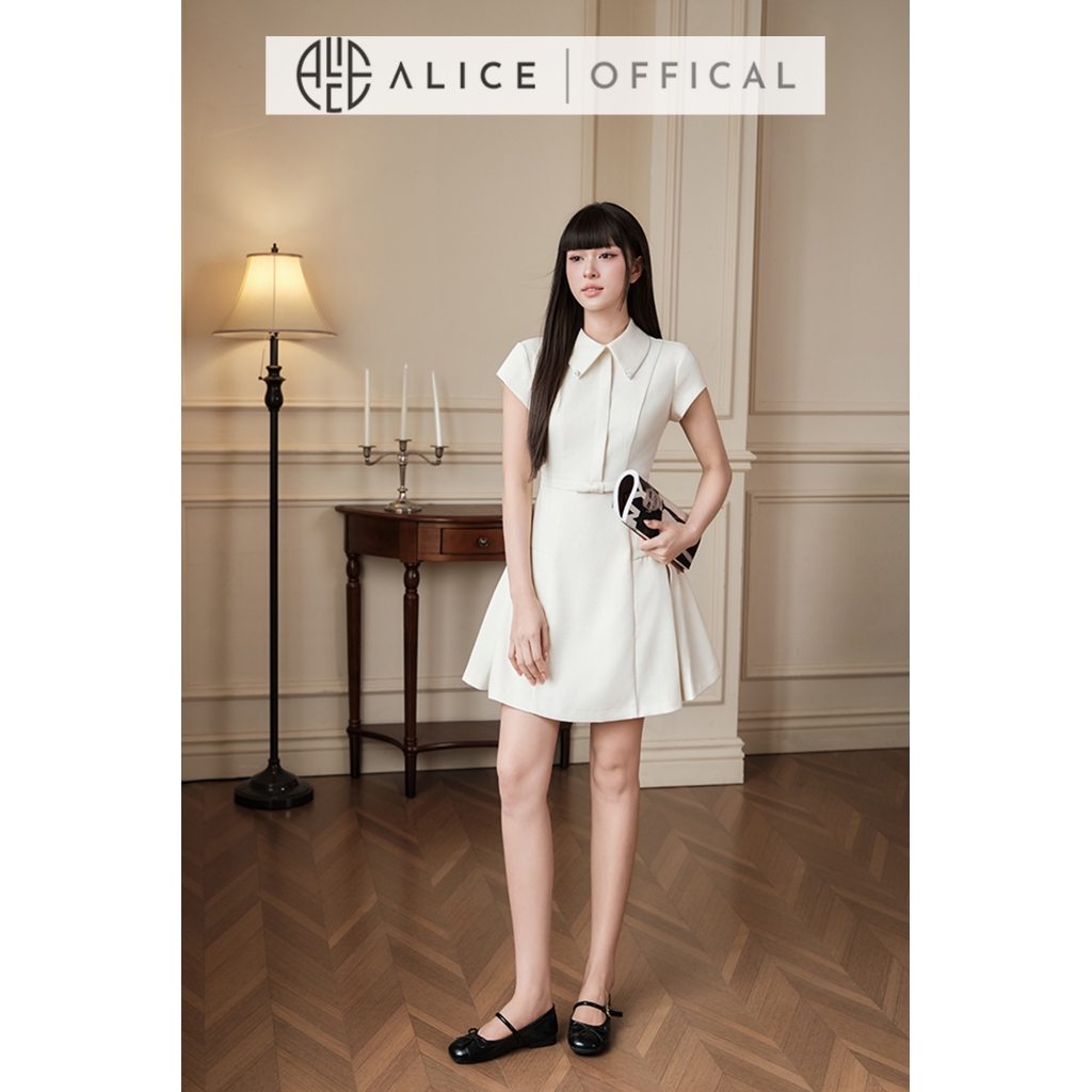 Váy Tiểu Thư Thanh Lịch Alice Chất Đũi Linen Vân Xương Cá Cao Cấp, Đầm Ngắn Chữ A Cổ Sơ Mai, Đai Eo T500