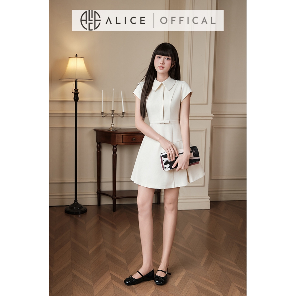 Váy Tiểu Thư Thanh Lịch Alice Chất Đũi Linen Vân Xương Cá Cao Cấp, Đầm Ngắn Chữ A Cổ Sơ Mai, Đai Eo T500
