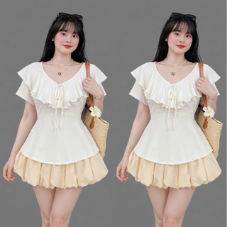 Set Áo Váy Bigsize Nữ Áo Cổ Tim Vạt Bèo Có Dây Buộc Nơ Nữ Tính Phối Chân Váy Bí Xòe A349+CV413