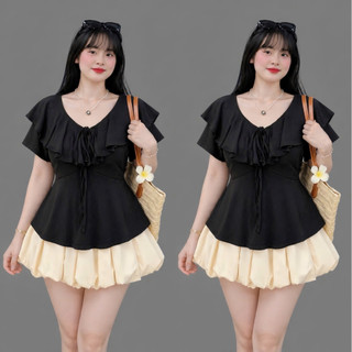 Áo Thun Cổ Bèo Bigsize Nữ Tay Ngắn Vạt Xòe Peplum Tiểu Thư Dễ Thương Cho Chubby A349
