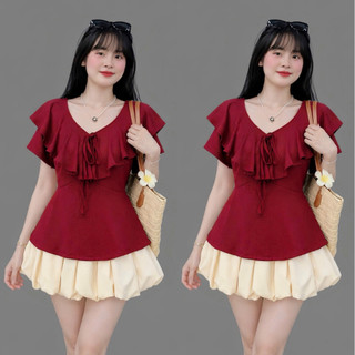 Set Áo Váy Bigsize Nữ Áo Cổ Tim Vạt Bèo Có Dây Buộc Nơ Nữ Tính Phối Chân Váy Bí Xòe A349+CV413