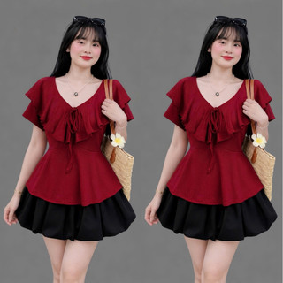 Áo Thun Cổ Bèo Bigsize Nữ Tay Ngắn Vạt Xòe Peplum Tiểu Thư Dễ Thương Cho Chubby A349