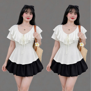 Áo Thun Cổ Bèo Bigsize Nữ Tay Ngắn Vạt Xòe Peplum Tiểu Thư Dễ Thương Cho Chubby A349