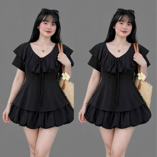 Set Áo Váy Bigsize Nữ Áo Cổ Tim Vạt Bèo Có Dây Buộc Nơ Nữ Tính Phối Chân Váy Bí Xòe A349+CV413