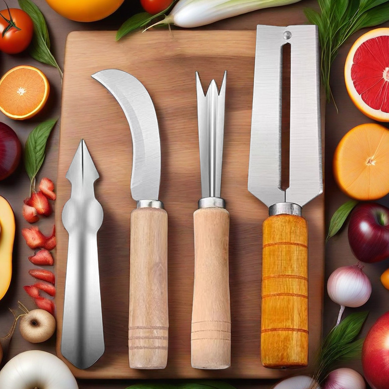 Bộ 4 Công Cụ Gọt Dứa Thép Không Gỉ - Bóc Vỏ, Cắt, Bỏ Mắt, Xử Lý Dứa Dễ Dàng