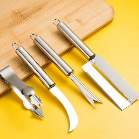 Bộ 4 Công Cụ Gọt Dứa Thép Không Gỉ - Bóc Vỏ, Cắt, Bỏ Mắt, Xử Lý Dứa Dễ Dàng