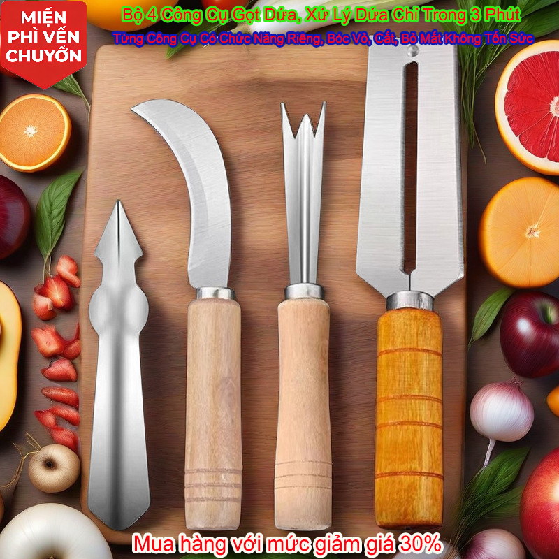 Bộ 4 Món Dứa - Dao Gọt Vỏ, Dao Cong, Đũa Bỏ Mắt, Nhíp, Dễ Vệ Sinh
