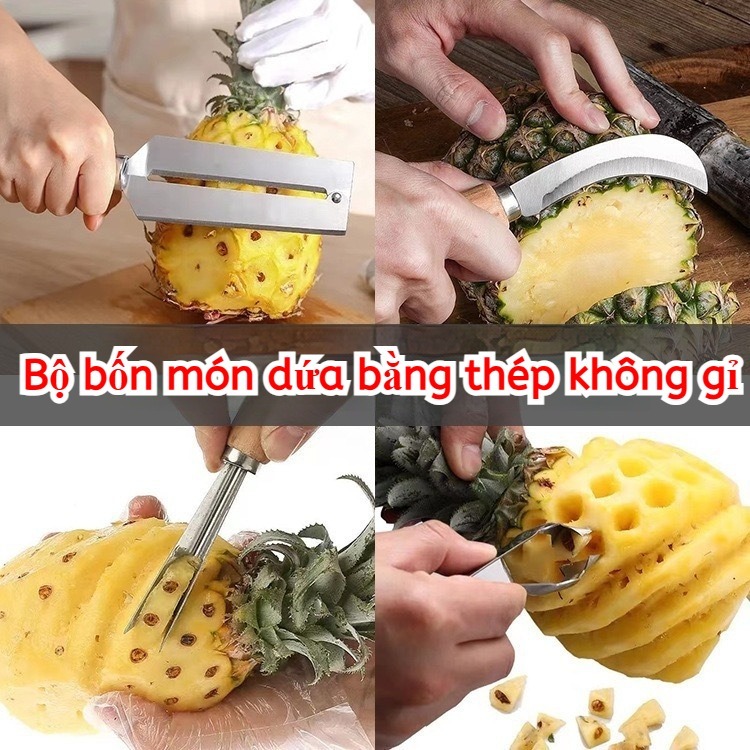 Bộ 4 Món Dứa - Dao Gọt Vỏ, Dao Cong, Đũa Bỏ Mắt, Nhíp, Dễ Vệ Sinh