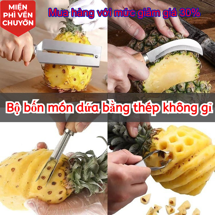 Bộ 4 Món Dứa - Dao Gọt Vỏ, Dao Cong, Đũa Bỏ Mắt, Nhíp, Dễ Vệ Sinh
