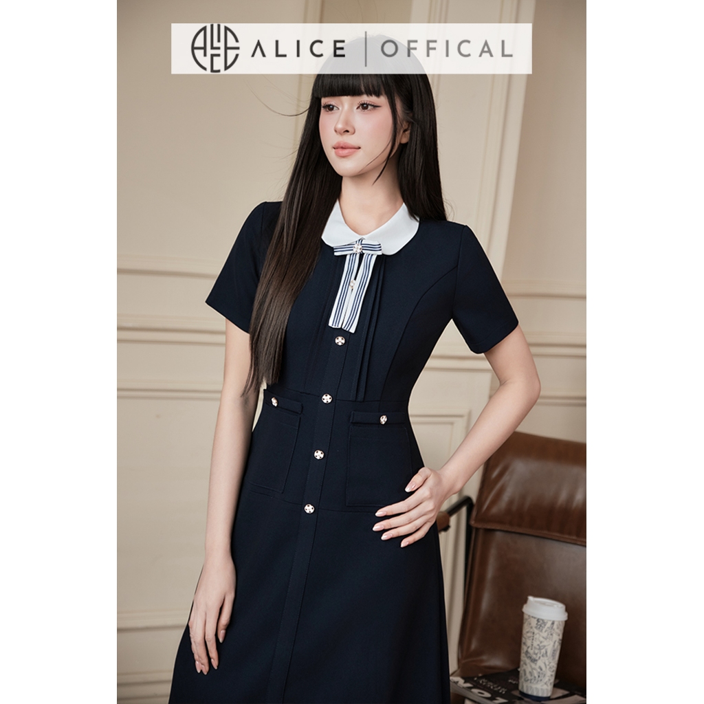 Váy Công Sở Thanh Lịch Alice, Đầm Midi Cổ Sen Phối Nơ Kèm Cúc Đá, Tay Ngắn Thanh Lịch T501