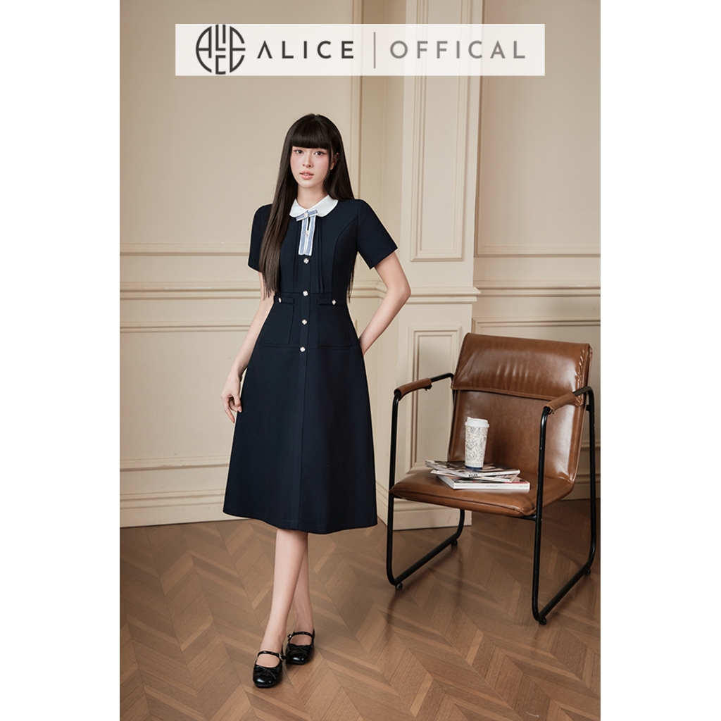 Váy Công Sở Thanh Lịch Alice, Đầm Midi Cổ Sen Phối Nơ Kèm Cúc Đá, Tay Ngắn Thanh Lịch T501