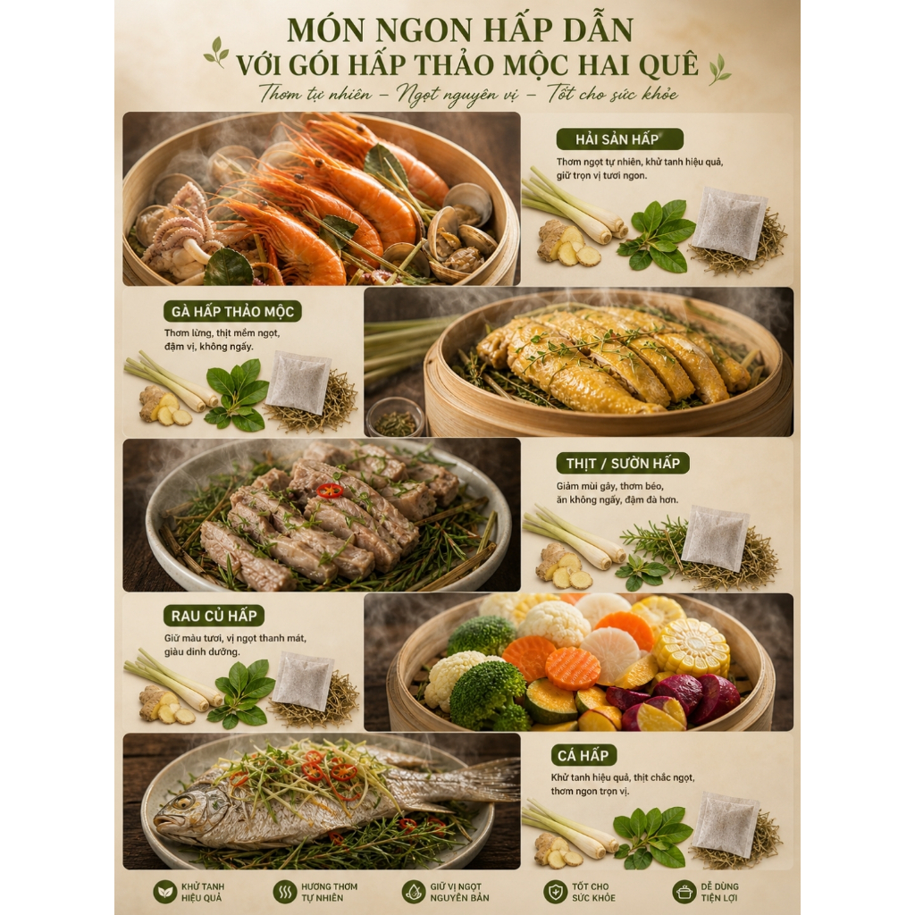 🌿 Gói hấp thảo mộc HAI QUÊ hấp hải sản, thịt cá rau củ khử tanh, giữ trọn dinh dưỡng