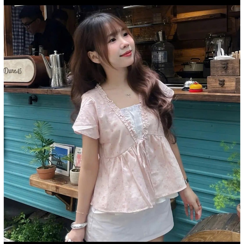 áo kiểu nữ, áo babydoll hoa nhí tay ngắn dáng xòe nhẹ phong cách tiểu thư JUMITO HCOM27219