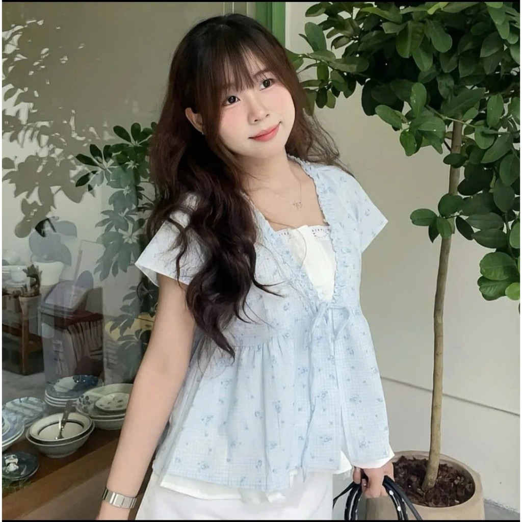 áo kiểu nữ, áo babydoll hoa nhí tay ngắn dáng xòe nhẹ phong cách tiểu thư JUMITO HCOM27219
