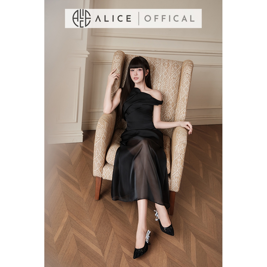 Đầm Dự Tiệc Thiết Kế Lệch Vai Alice, Đầm Tafta Phối Voan Tơ Sang Chành Xếp Nếp Ngực Nổi Bật T502