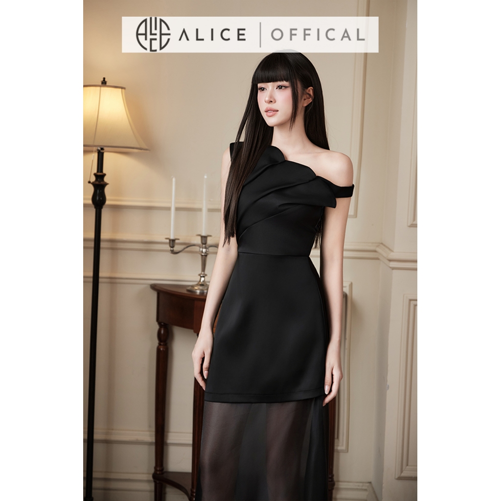 Đầm Dự Tiệc Thiết Kế Lệch Vai Alice, Đầm Tafta Phối Voan Tơ Sang Chành Xếp Nếp Ngực Nổi Bật T502