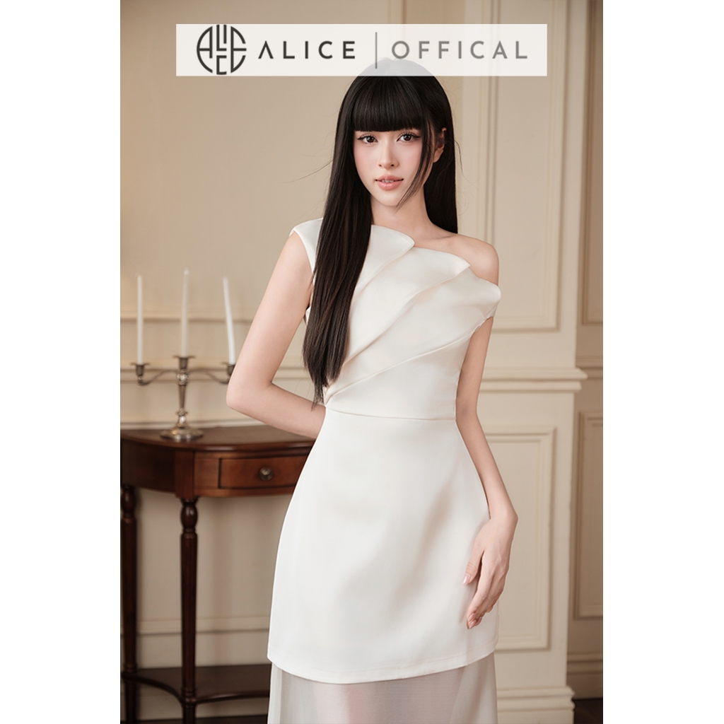 Đầm Dự Tiệc Thiết Kế Lệch Vai Alice, Đầm Tafta Phối Voan Tơ Sang Chành Xếp Nếp Ngực Nổi Bật T502