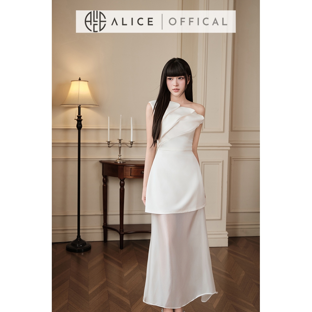 Đầm Dự Tiệc Thiết Kế Lệch Vai Alice, Đầm Tafta Phối Voan Tơ Sang Chành Xếp Nếp Ngực Nổi Bật T502