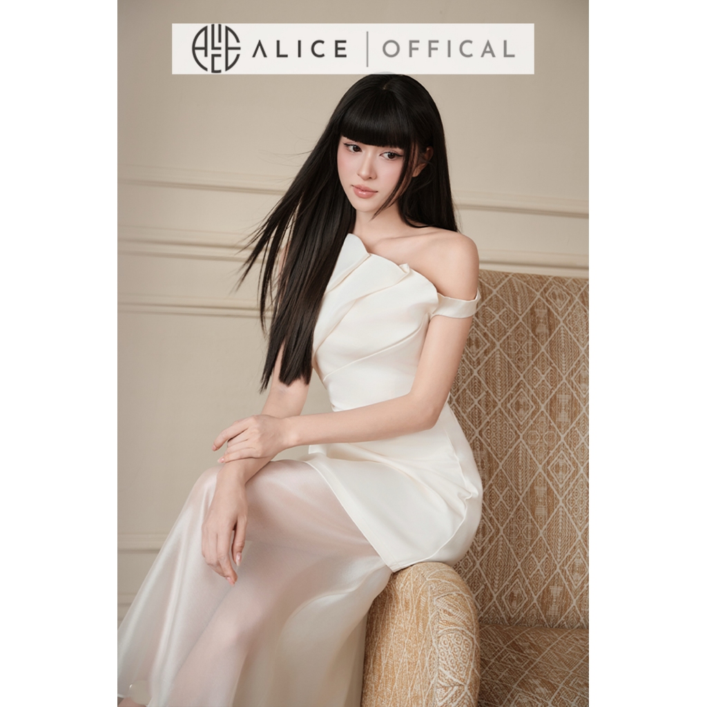 Đầm Dự Tiệc Thiết Kế Lệch Vai Alice, Đầm Tafta Phối Voan Tơ Sang Chành Xếp Nếp Ngực Nổi Bật T502