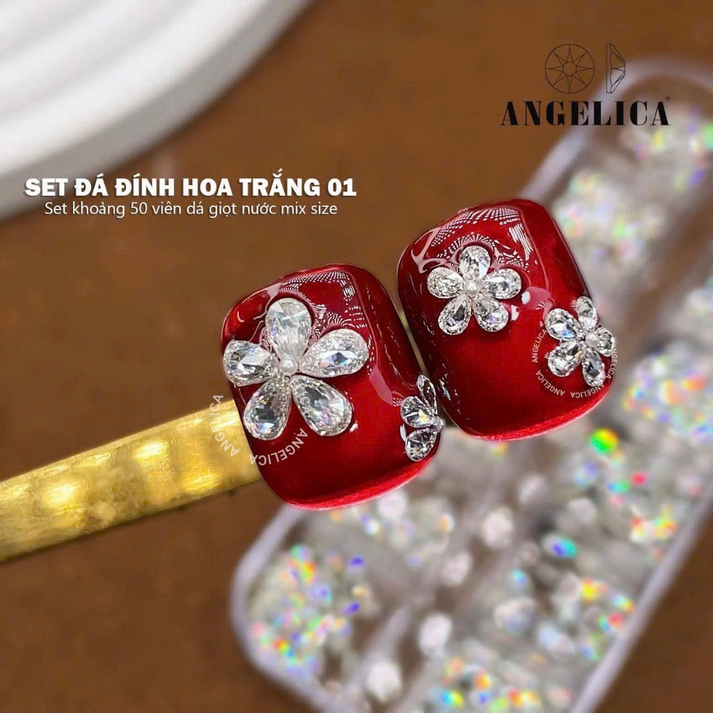Set Đá Chân Bằng Đính Hoa Trắng ANGELICA ( Khoảng 50 Viên ) Siêu Sáng Dễ Đính -Trang Trí Móng