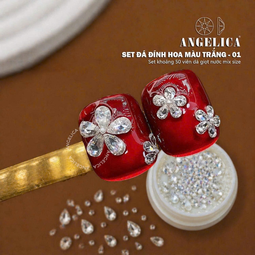 Set Đá Chân Bằng Đính Hoa Trắng ANGELICA ( Khoảng 50 Viên ) Siêu Sáng Dễ Đính -Trang Trí Móng