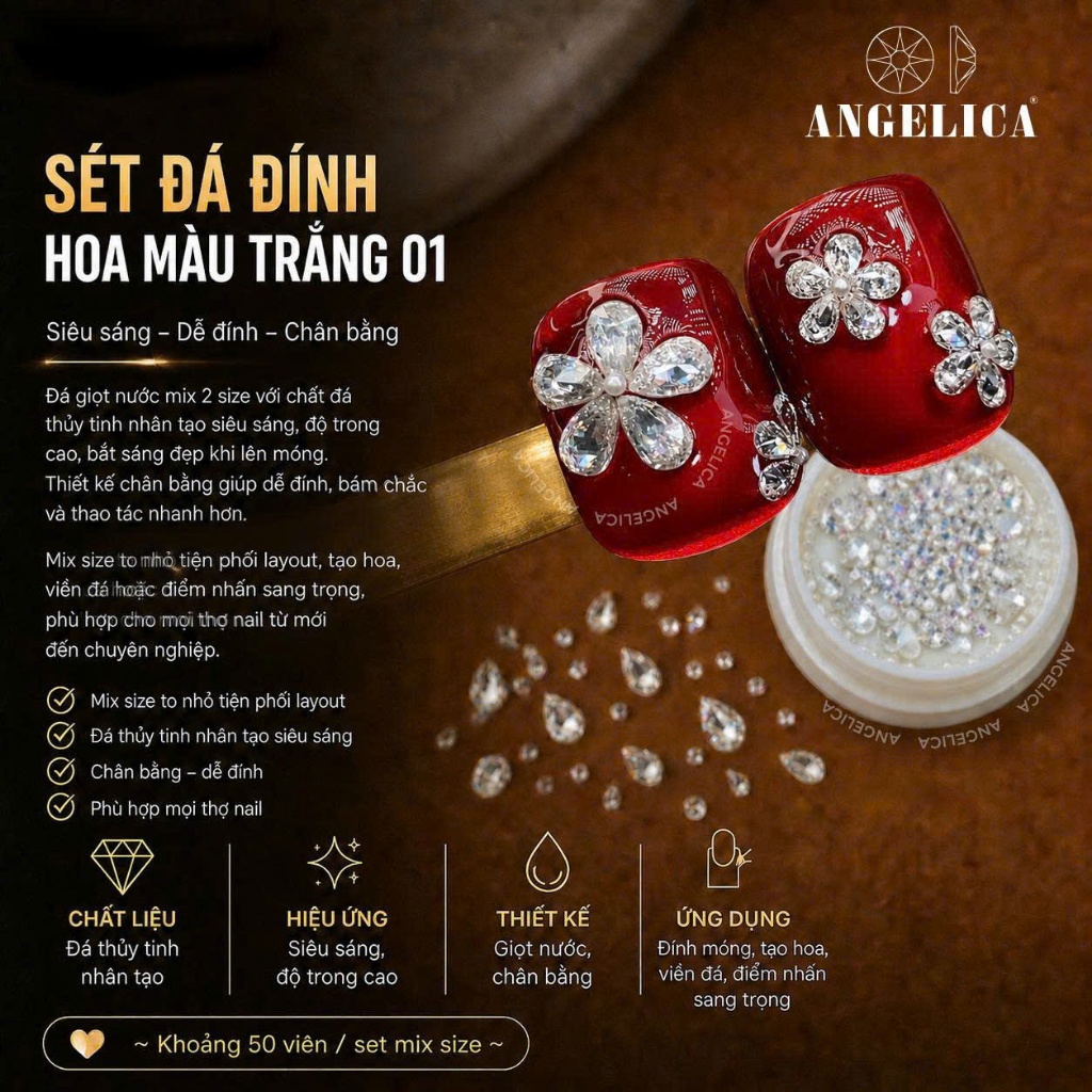 Set Đá Chân Bằng Đính Hoa Trắng ANGELICA ( Khoảng 50 Viên ) Siêu Sáng Dễ Đính -Trang Trí Móng
