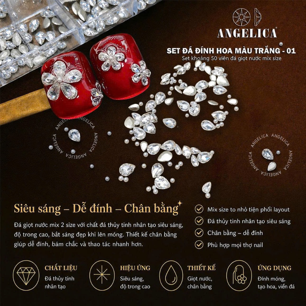Set Đá Chân Bằng Đính Hoa Trắng ANGELICA ( Khoảng 50 Viên ) Siêu Sáng Dễ Đính -Trang Trí Móng
