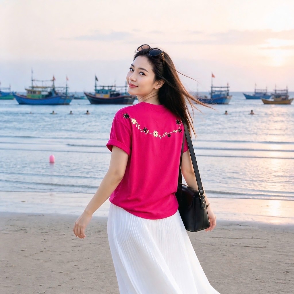 Áo Thun Phối Dây Viền Cổ Hồng Basic, Chất Cotton Thoáng Mát, Có Kèm Hình Thật.