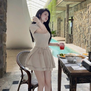 Set váy sơ mi 2 tầng cột nơ khoe eo nhẹ nhàng cao cấp